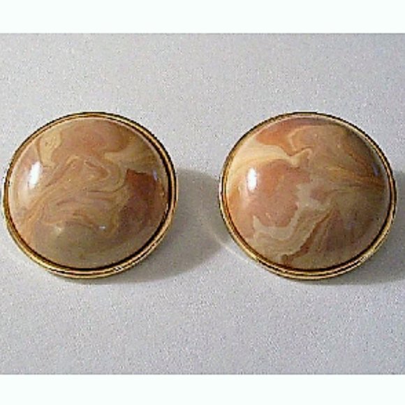 Beige Brown Earthtone Pierced Post Stud Earrings Gold Tone Vintage Extra Large - Picture 1 of 2